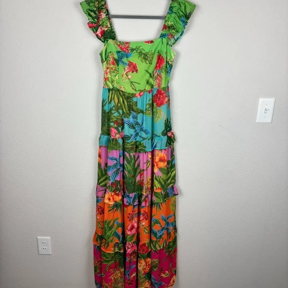 Avara Ivy Floral Tiered Maxi Dress Small Tropical Hawaiian Resort Smocked Back - Picture 3 of 13